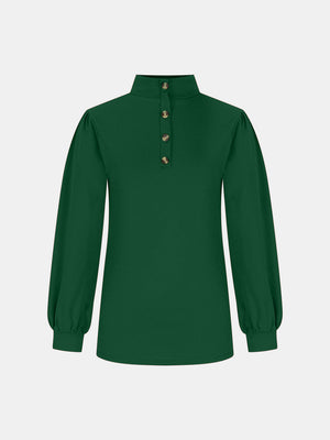 Dark green mock neck top with button back and puff sleeves