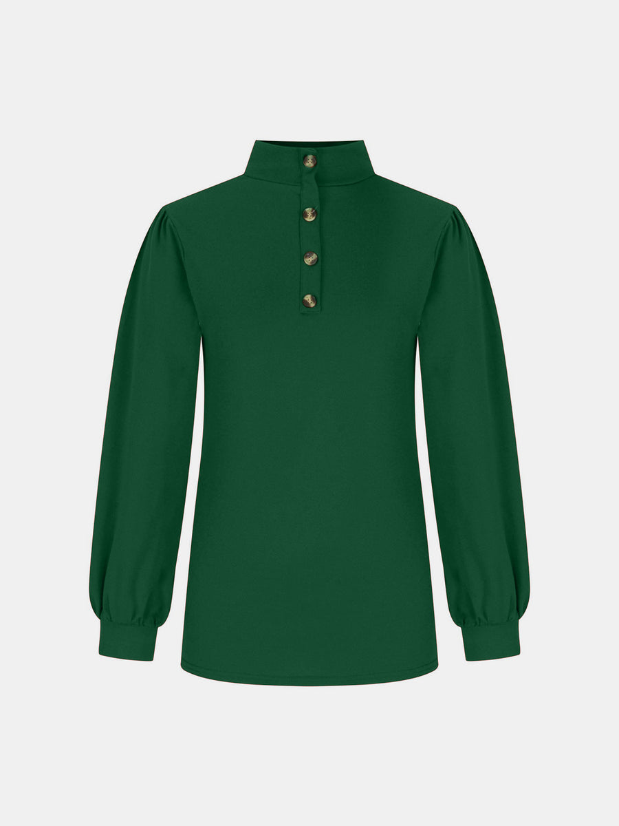 Dark green mock neck top with button back and puff sleeves