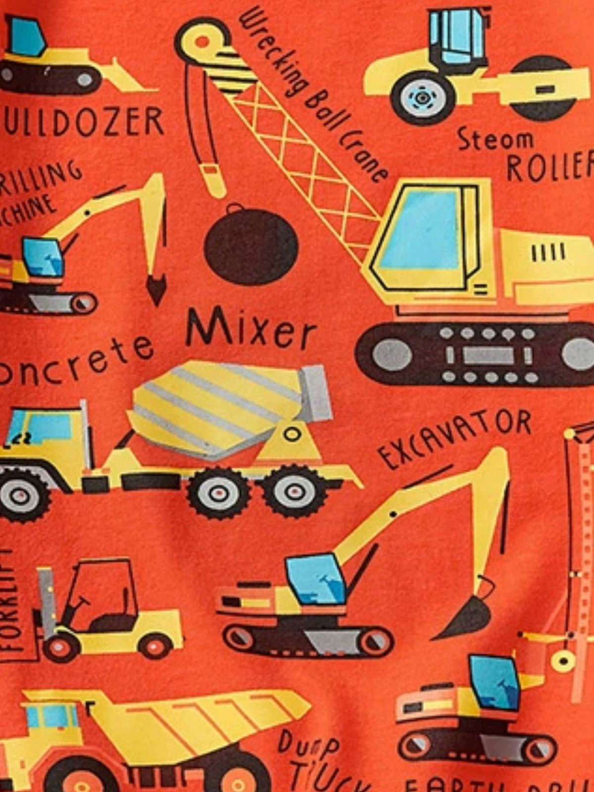 Orange cotton t-shirt with construction vehicles and text graphic
