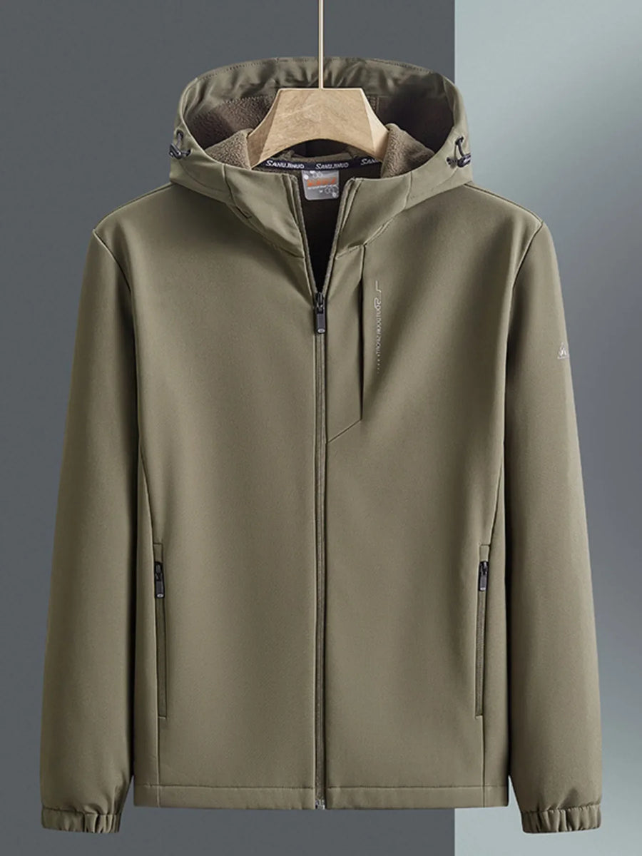 Khaki hooded windbreaker jacket with zippered pockets and fleece-lined hood.