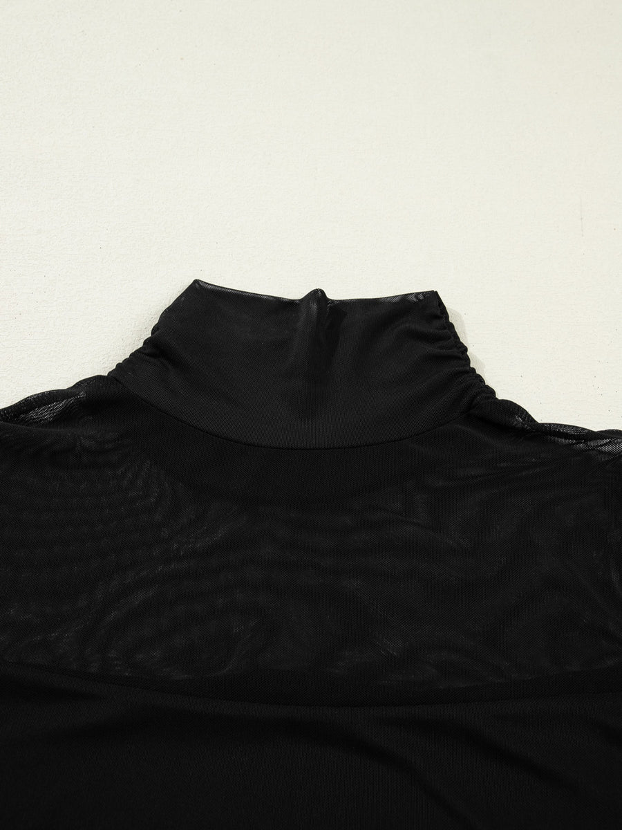 Black sheer mesh maternity shirt with ruched high neck detail
