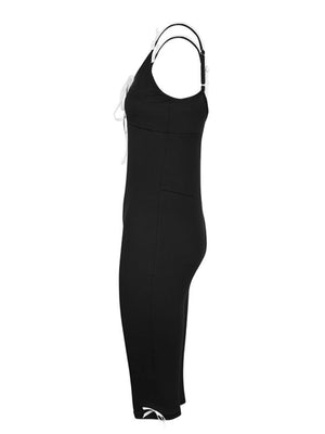 Black capri romper with lace trim and tie-front detail.