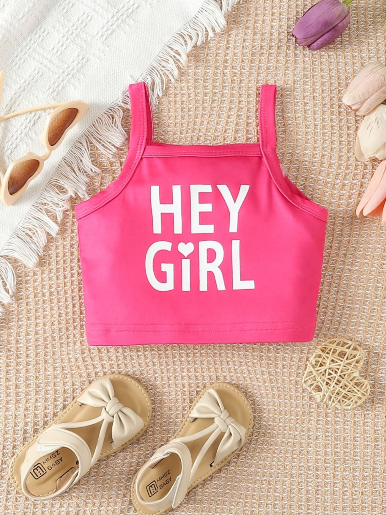 Baby girl's pink cami with white "HEY GIRL" graphic, cotton.