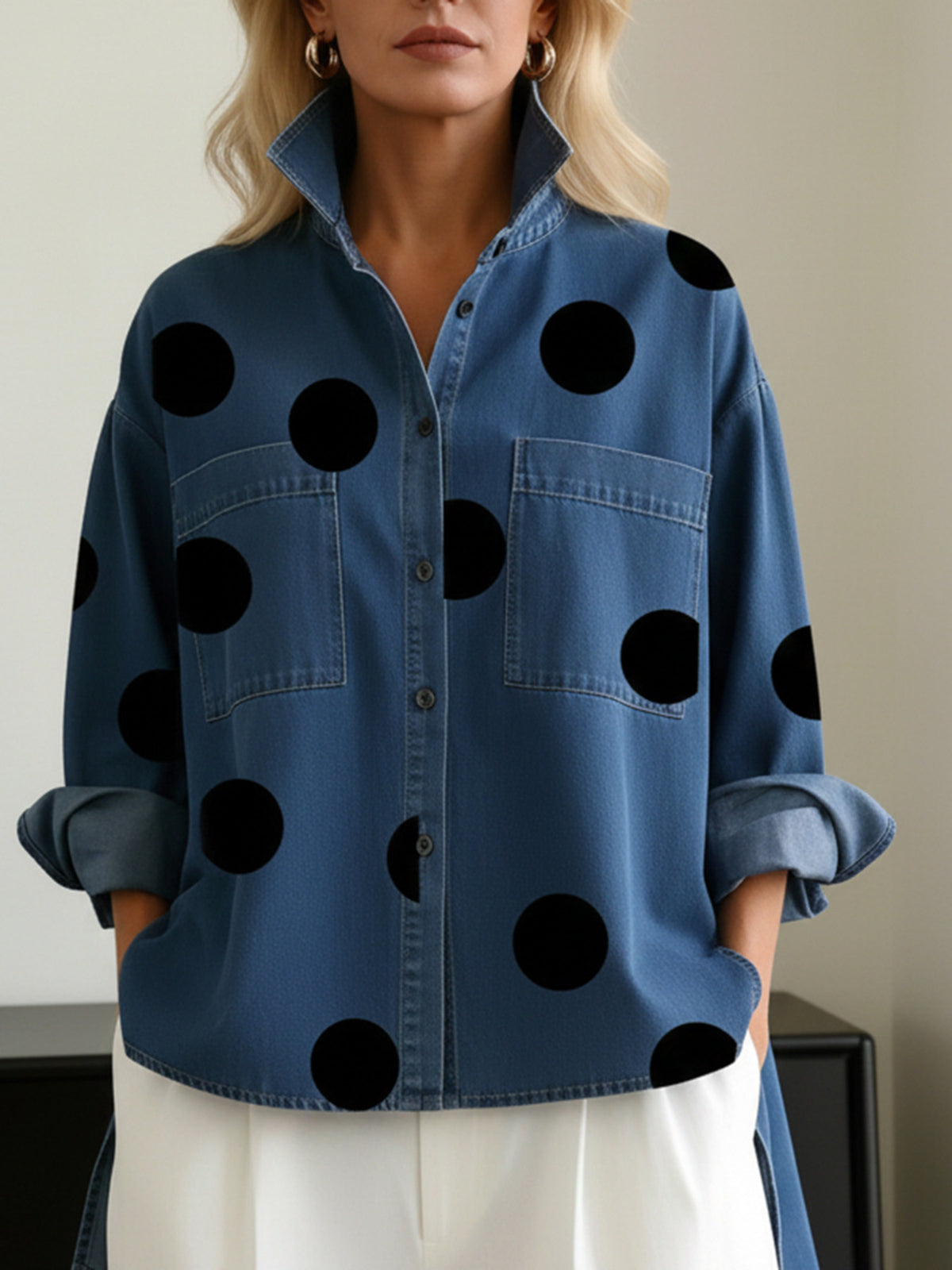 denim blue button-up shirt with polka-dot and collared