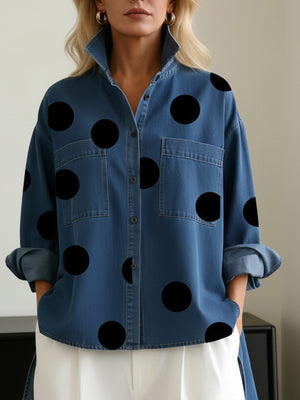 denim blue button-up shirt with polka-dot and collared