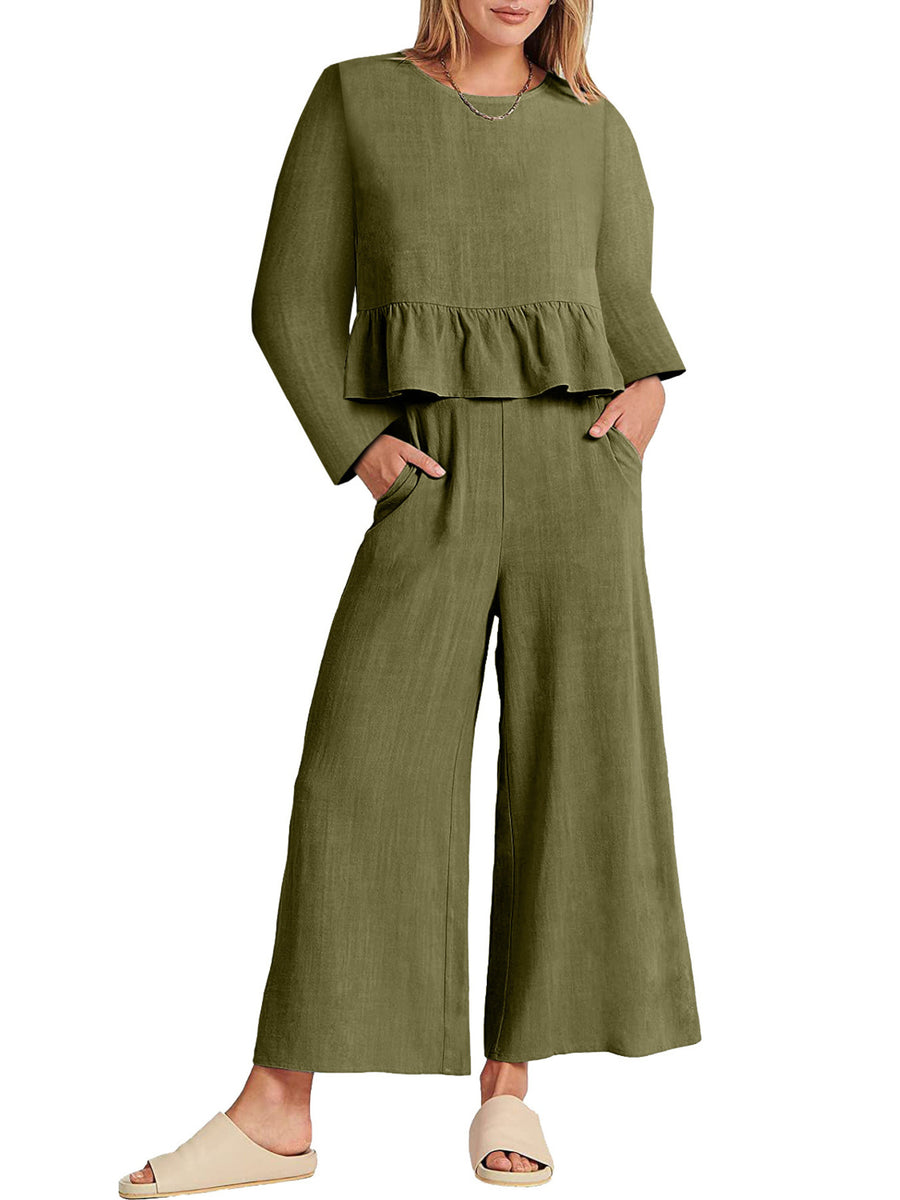 Army green ruffled hem two-piece set with wide leg pants and pockets