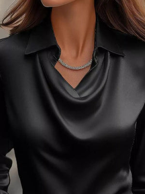 Black satin cowl neck long-sleeve blouse with a collared neckline.