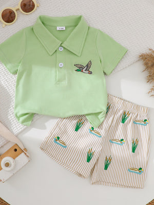 Baby boys light green polo with duck embroidery and striped shorts with duck and cattail pattern