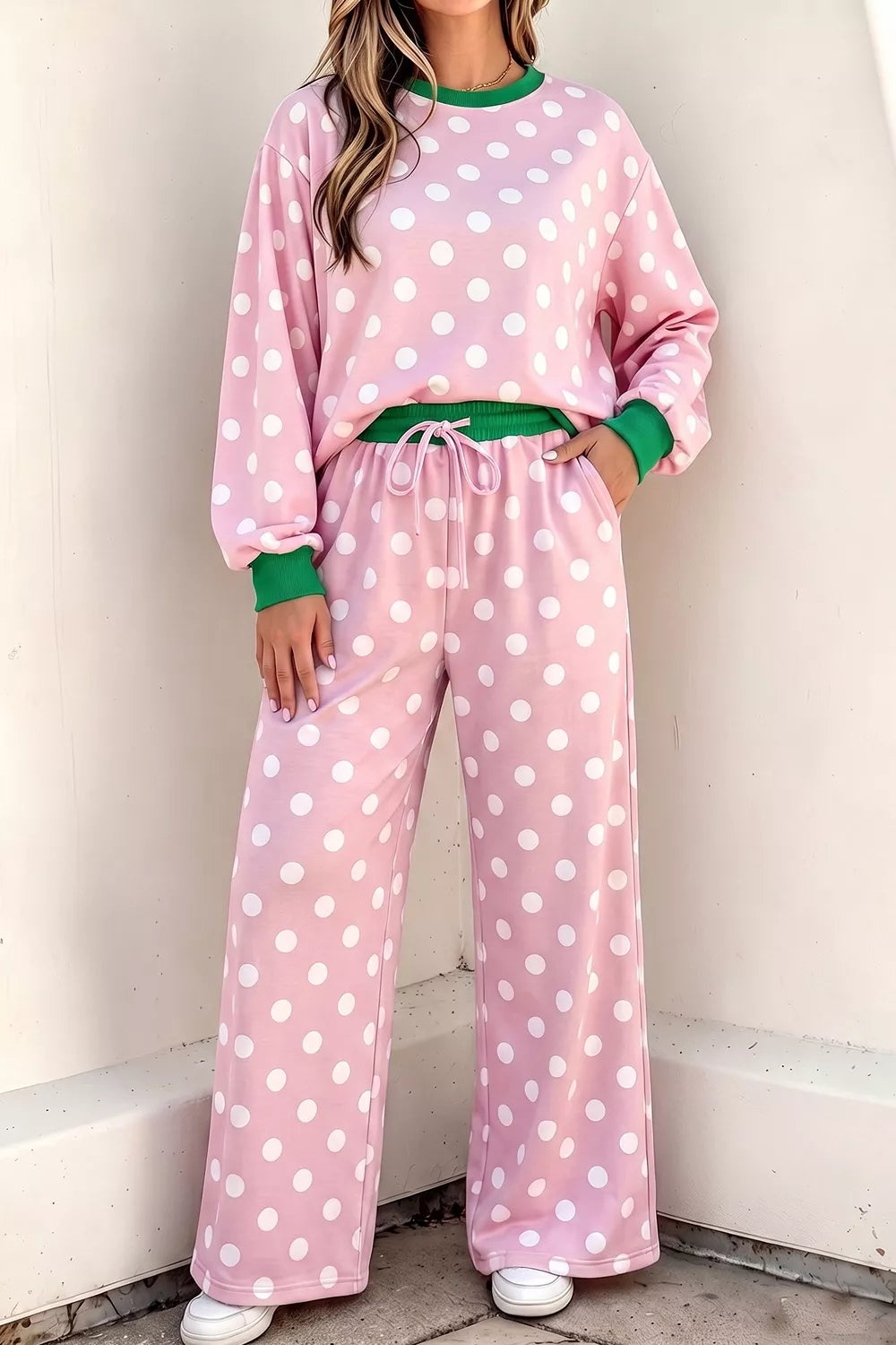 blush pink pajama set with polka dot and crew neck