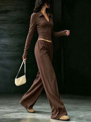 beige matching set with collared and long sleeve