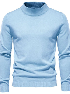 Light blue ribbed mock neck sweater with long sleeves and a classic fit.