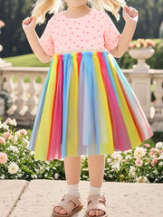 Toddler rainbow tulle dress with pink polka dot top and short sleeves.
