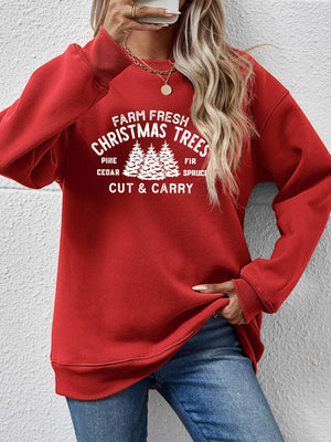 Deep Red crewneck sweatshirt with white Christmas tree graphic and text.