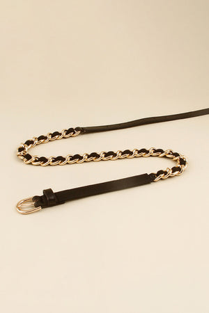 Black leather belt with gold chain link detail and buckle