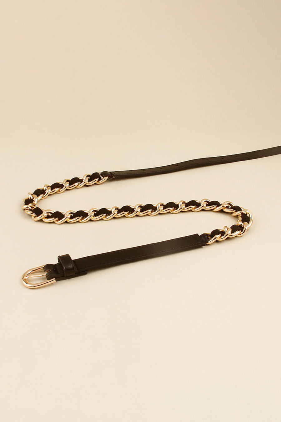 Black leather belt with gold chain link detail and buckle