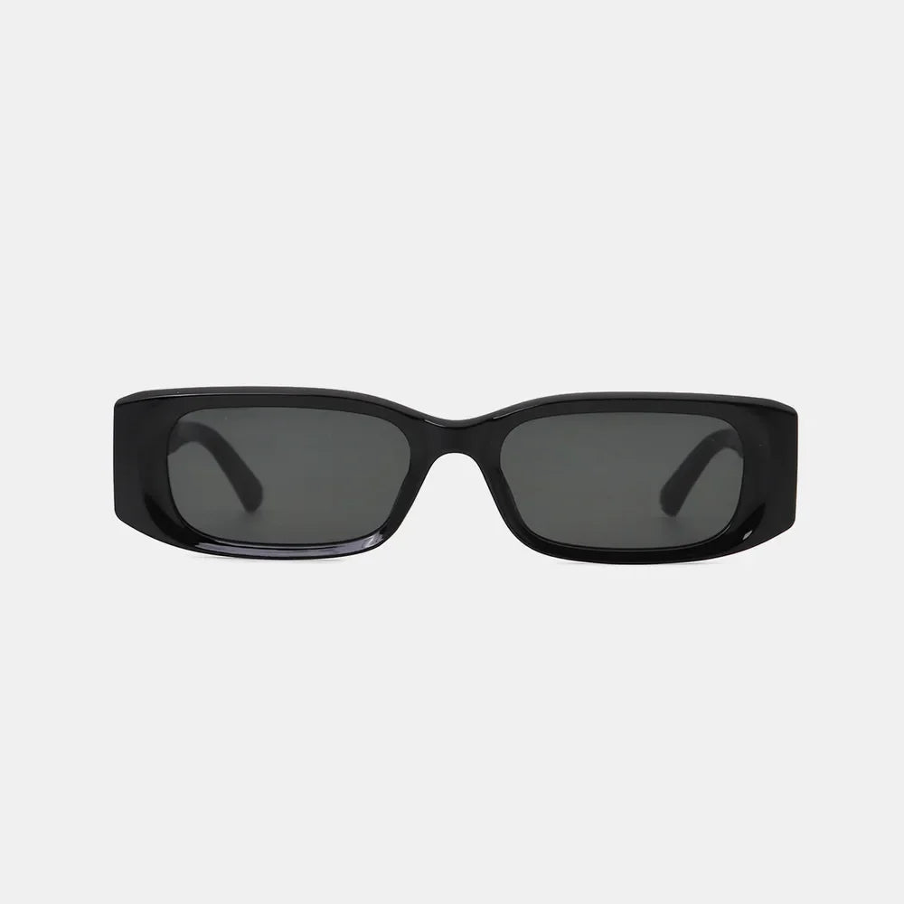 Chunky rectangular sunglasses in black with dark lenses and thick frames.