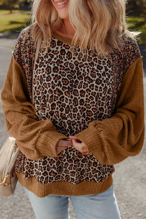 Brown with Leopard Floral Print Ribbed Puff Sleeve Sweatshirt