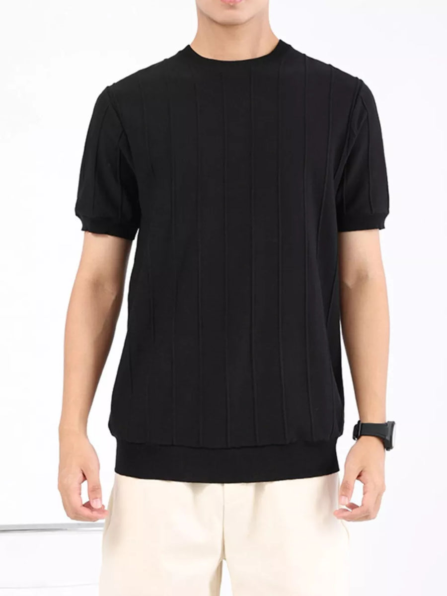 Black textured short sleeve crew neck t-shirt for men with vertical ribbed detail.