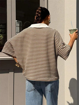 Striped Knit 3/4 Sleeve Polo Top in Brown