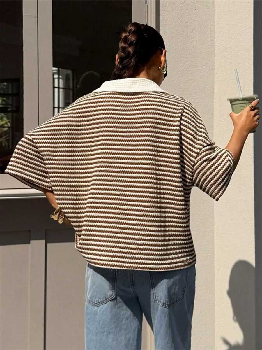 Striped Knit 3/4 Sleeve Polo Top in Brown