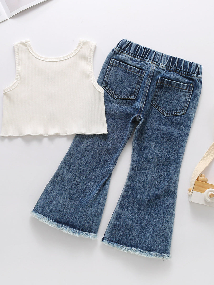 Toddler ribbed tank top with lettuce trim and flared denim jeans with frayed hem.