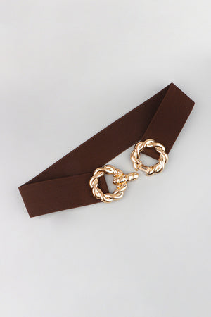 Braided knot stretch belt in chocolate brown with gold alloy clasp.