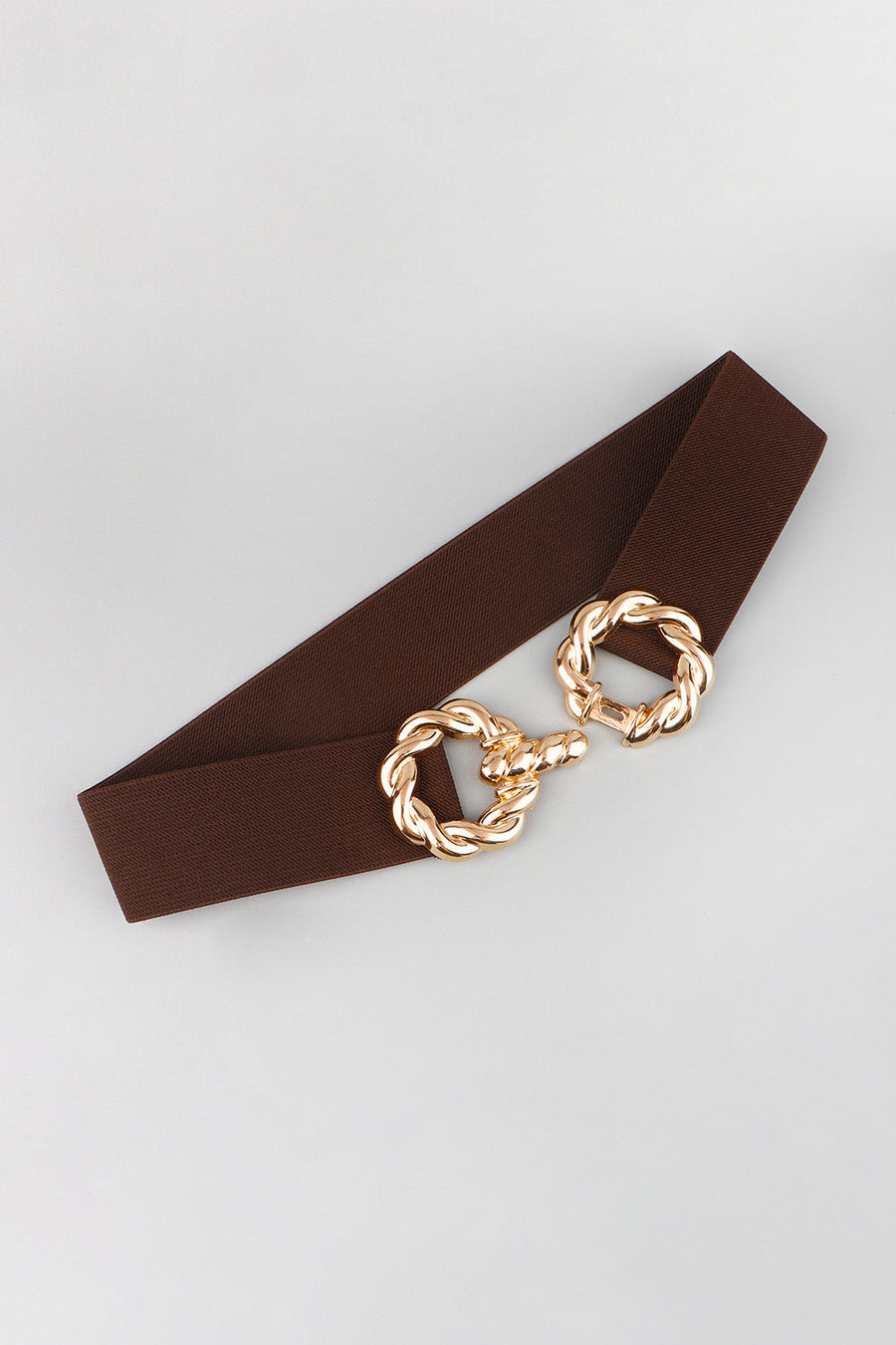 Braided knot stretch belt in chocolate brown with gold alloy clasp.