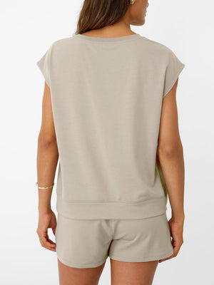 Khaki round neck cap sleeve loungewear top and shorts set.