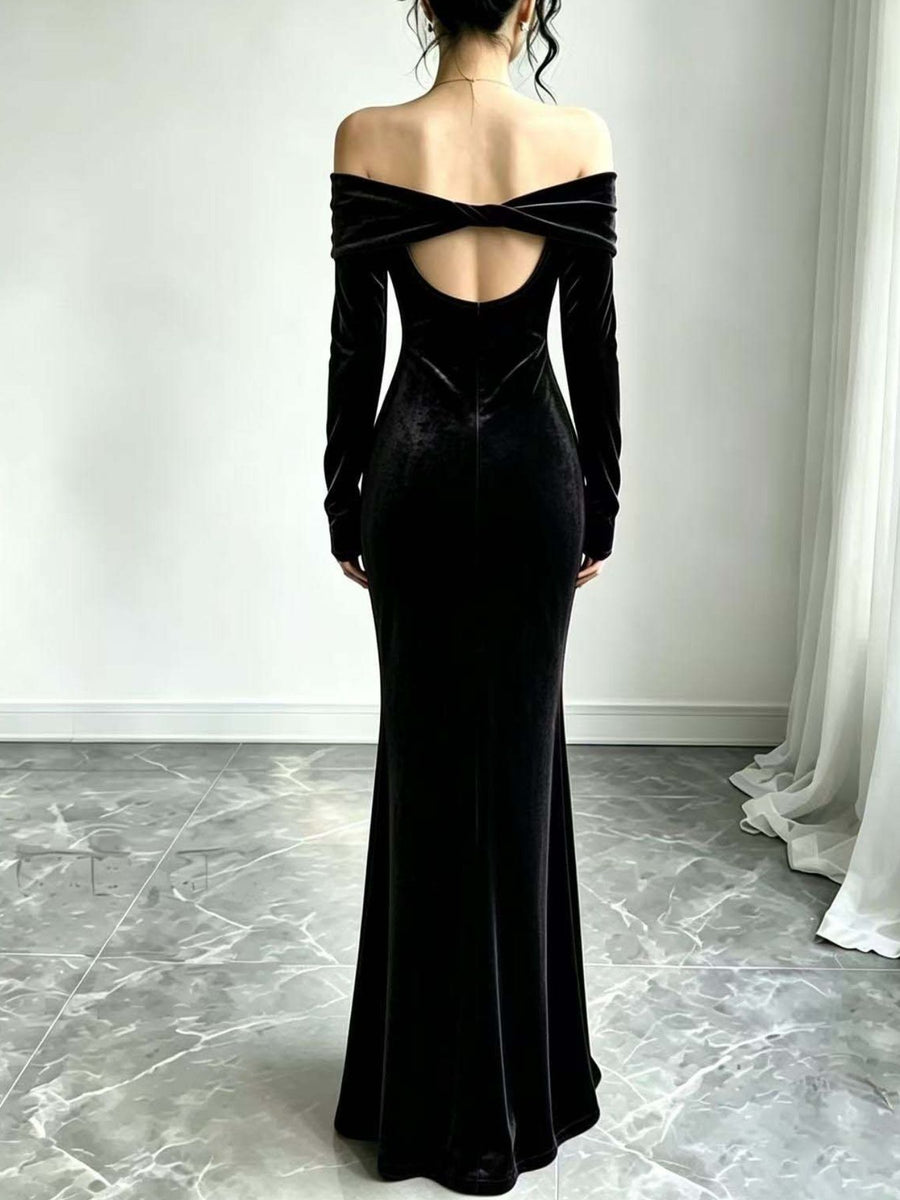 glam formal gown in Purple with off-shoulder