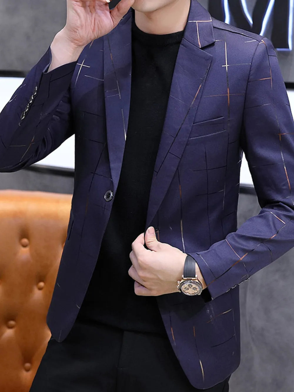 Navy single-button slim fit blazer with a subtle gold grid pattern.