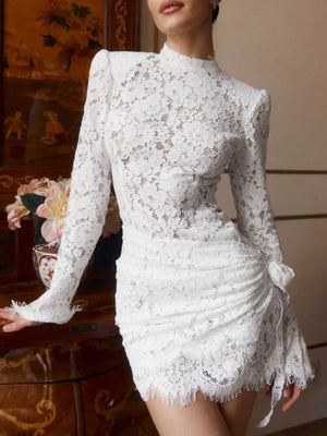 ivory mini dress with floral-print and mock neck