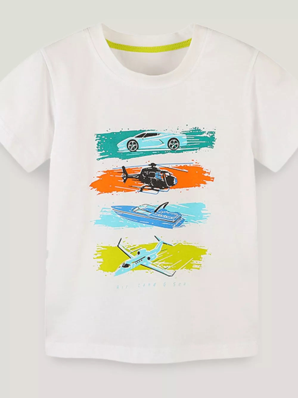 White cotton t-shirt with air, land, and sea vehicles graphic print.