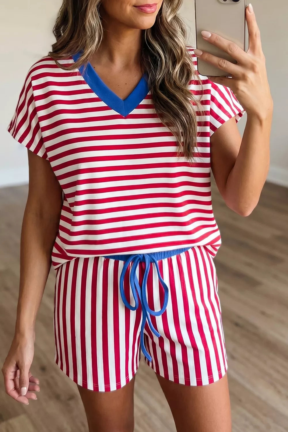 Red and white striped V-neck cotton lounge set with blue drawstring shorts.