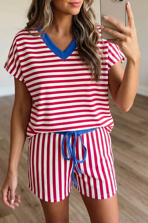 Red and white striped V-neck cotton lounge set with blue drawstring shorts.