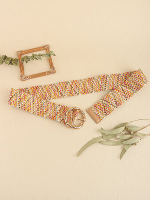 Woven raffia belt in multicolor with a sculpted gold buckle and tan leather trim.