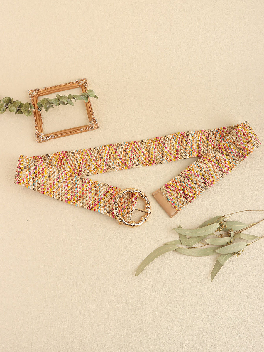Woven raffia belt in multicolor with a sculpted gold buckle and tan leather trim.