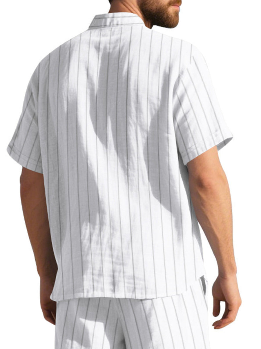 White striped cotton camp collar shirt with short sleeves.