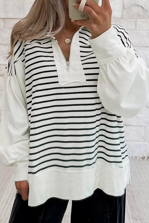 Stripe Color Block Long Puff Sleeve Zip-up Top in Stripe