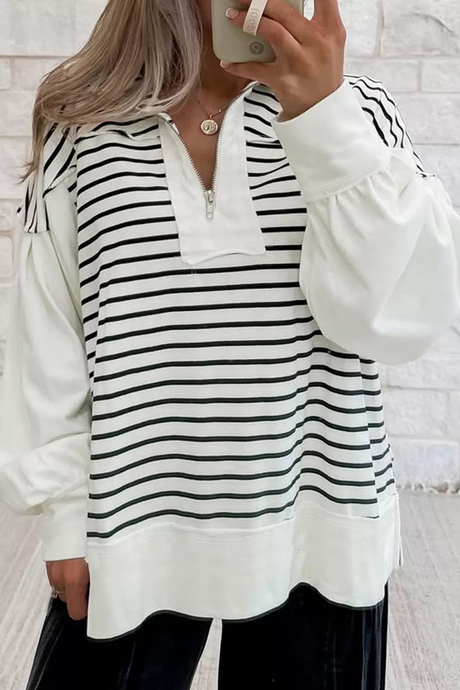 Stripe Color Block Long Puff Sleeve Zip-up Top in Stripe