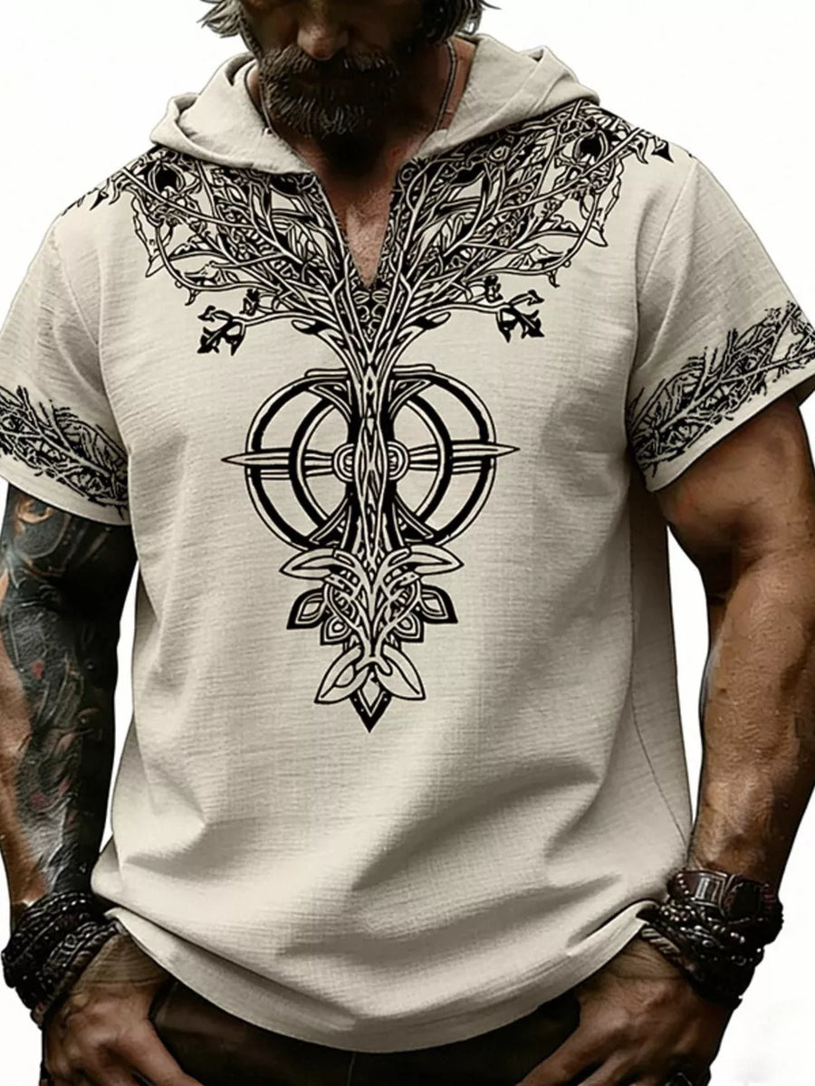 Men's Full Size Printed Hooded Short Sleeve Top in Light Green