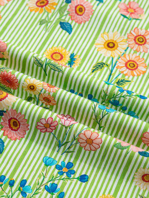 Floral printed cotton blouse with green and white stripes, featuring ruffled short sleeves.