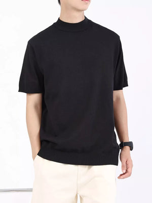 Black mock neck knitted t-shirt for men with short sleeves and ribbed hem.
