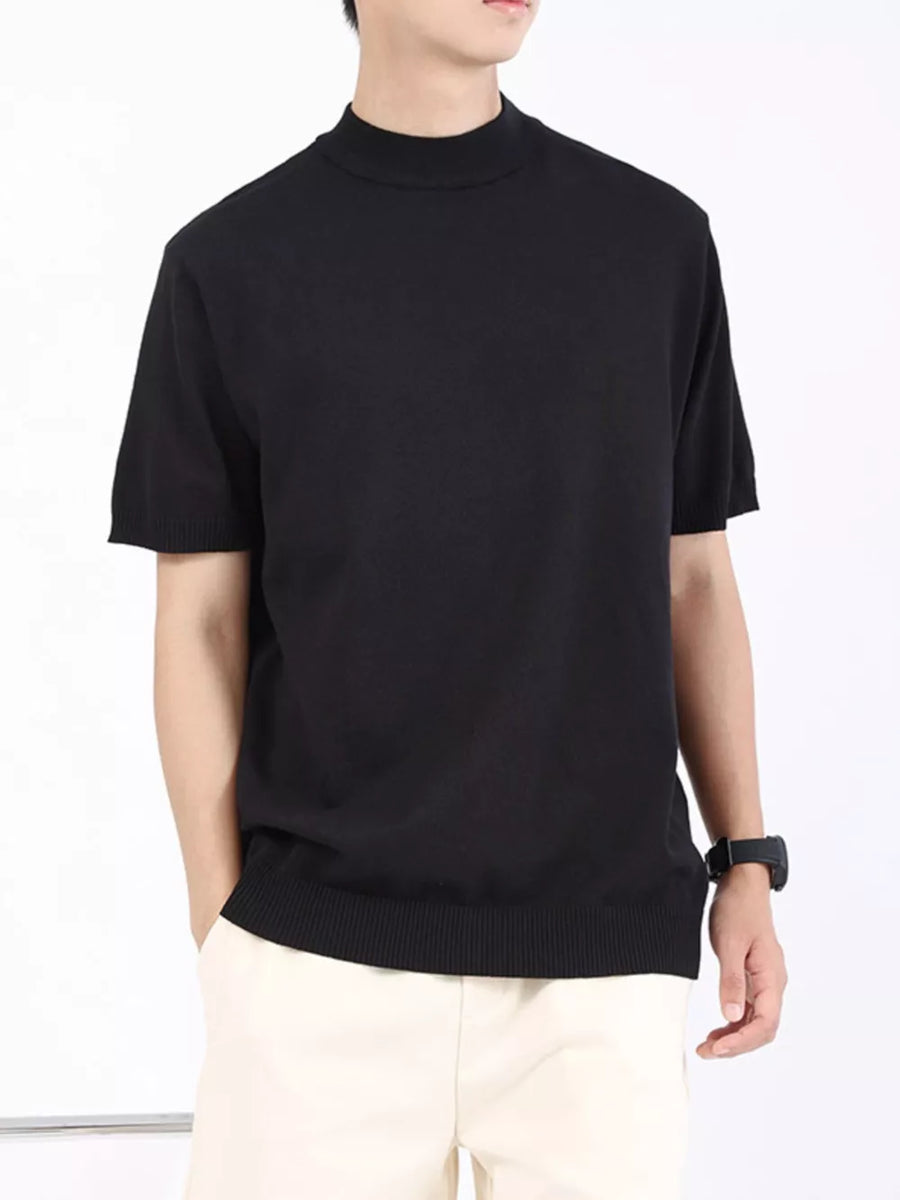 Black mock neck knitted t-shirt for men with short sleeves and ribbed hem.