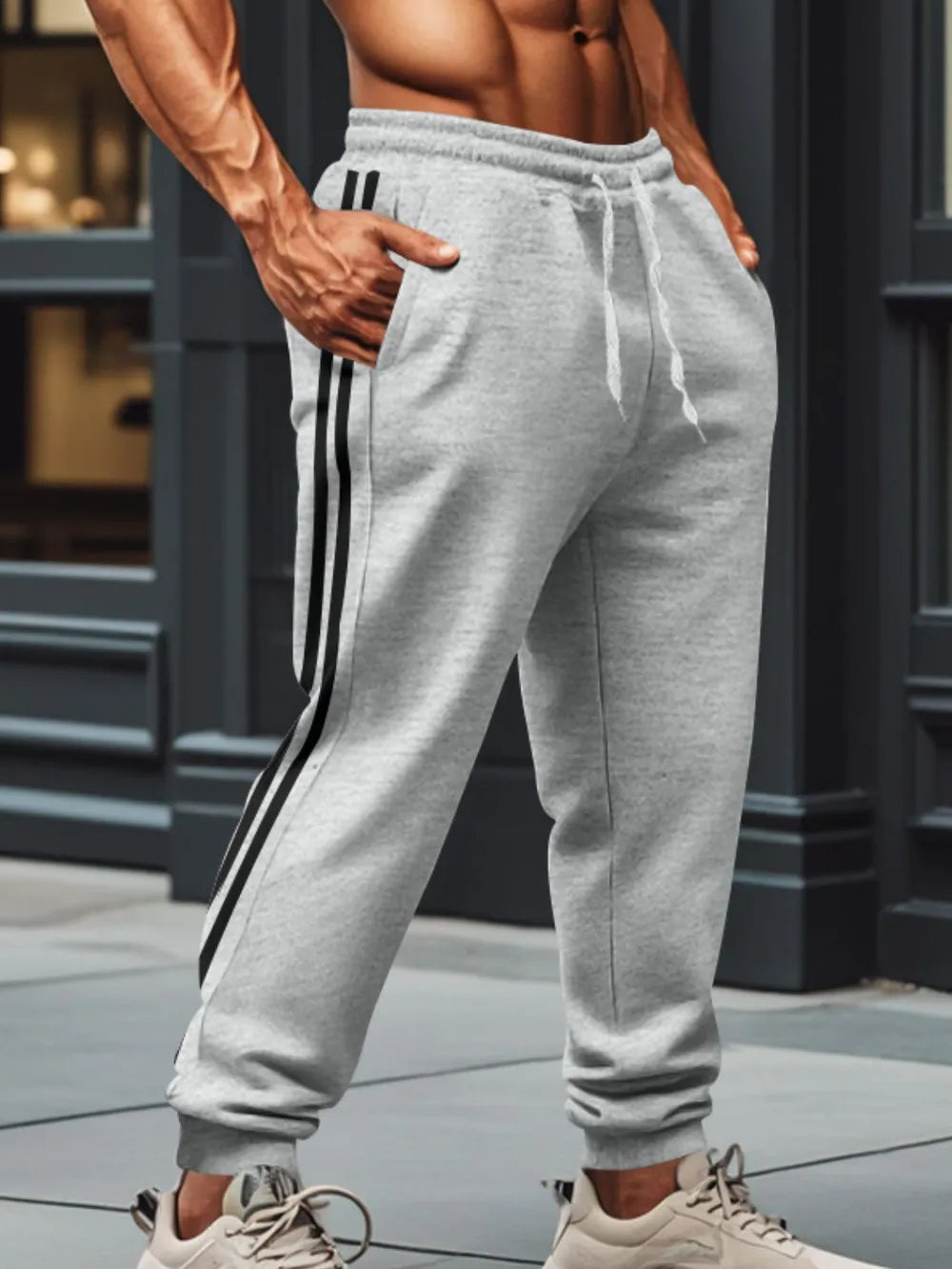 Gray joggers with black athletic stripes and drawstring waist.