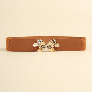 Caramel elasticated waist belt with gold bow clasp detail