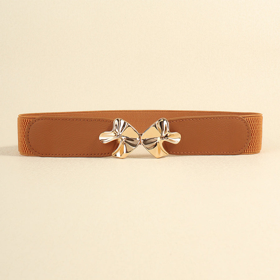 Caramel elasticated waist belt with gold bow clasp detail