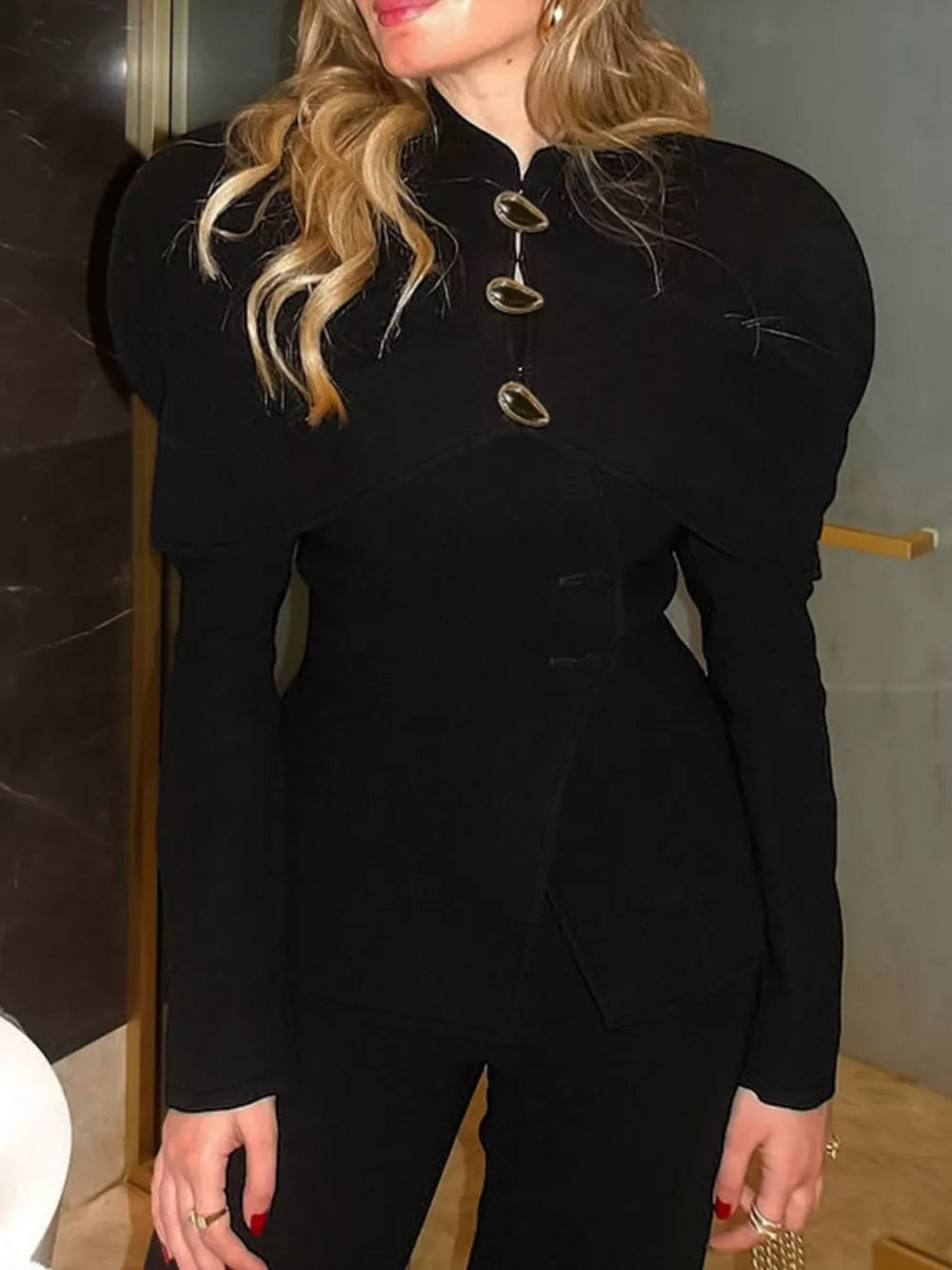 black blazer with hip-length and button-front