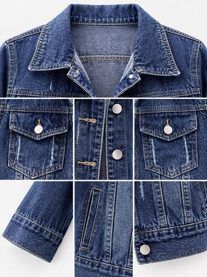 medium wash denim blue denim jacket with hip-length and button-front