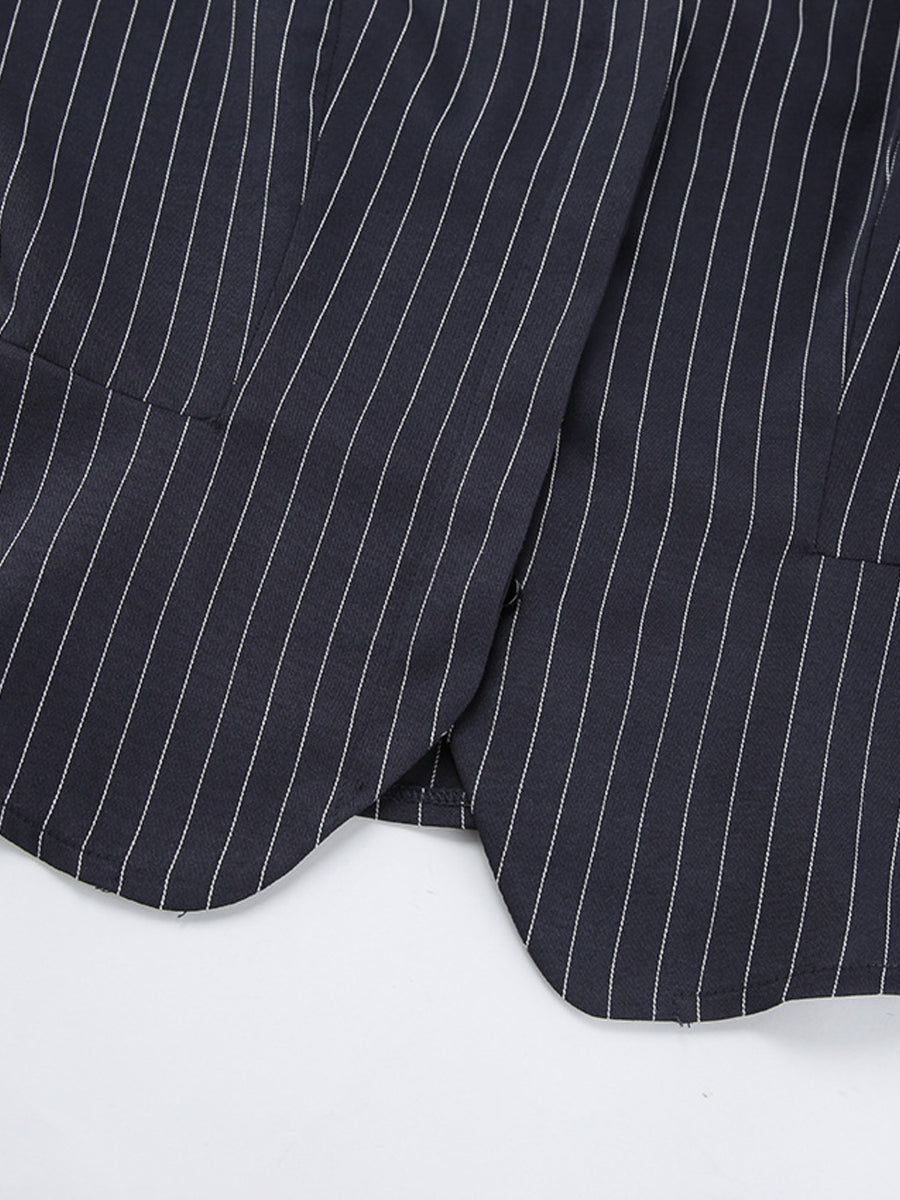 Striped Blazer And Mini Skirt Set With Scarf Detail in Navy with tied