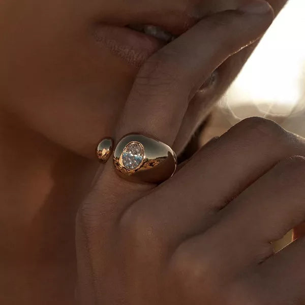 18k Gold-plated Rhinestone Open Ring in clear with adjustable